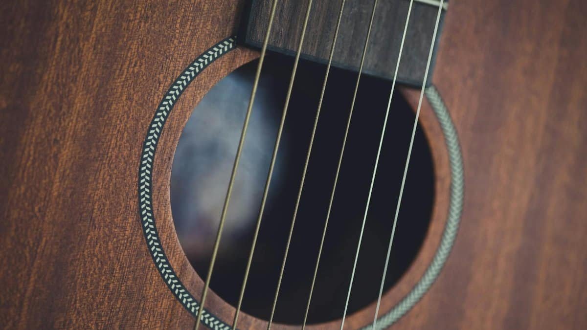 Detailed close-up of acoustic guitar strings and wood, highlighting musical instrument craftsmanship.