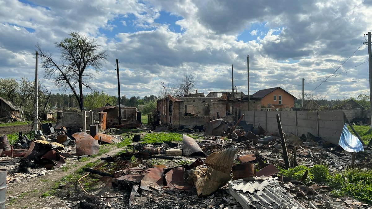 Debris and rubble of houses destroyed in a rural village, under a dramatic sky.