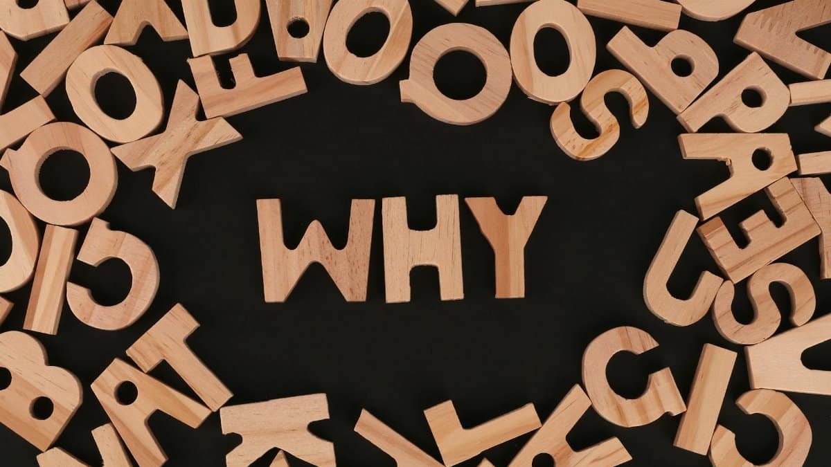 Scattered wooden alphabet letters with the word WHY at the center on a black background in a flat lay arrangement.