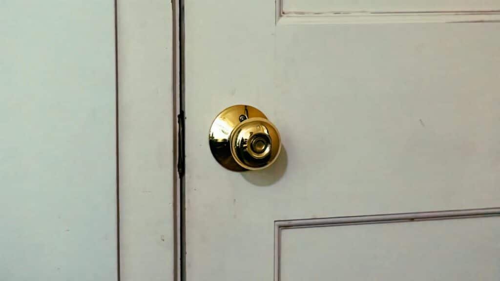 White door featuring a shiny brass knob, ideal for home interior design themes.