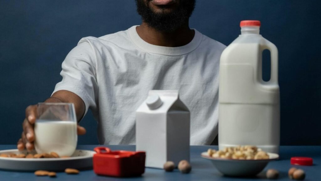 Close-up of a man with almond milk options and nuts on a table, promoting a healthy lifestyle.