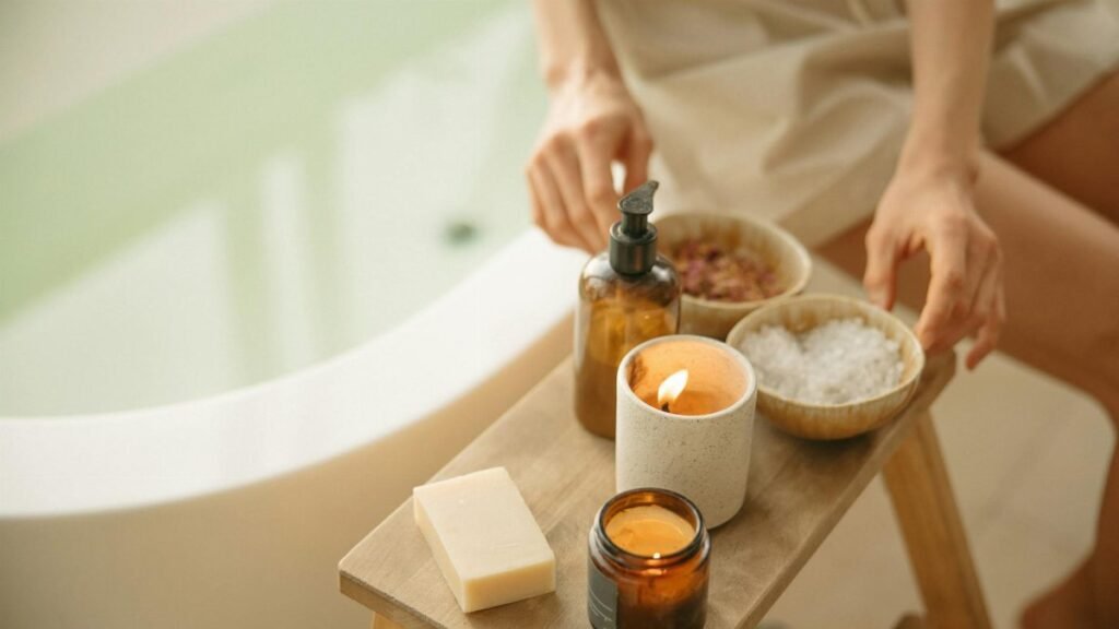 Calm spa setting with lit candles and bath products for a soothing atmosphere.