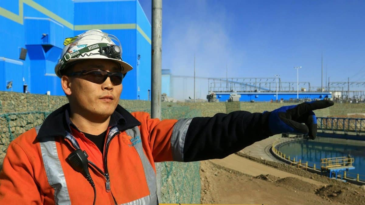 Construction worker in high visibility gear points on site. Safety-focused operation.