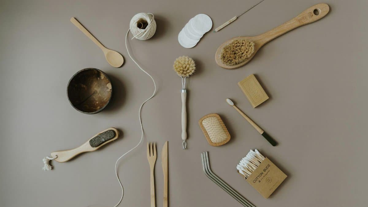 Flat lay of assorted eco-friendly kitchen and bath items promoting zero waste lifestyle.