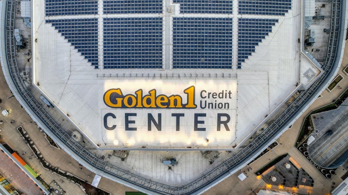 Stunning top-down view of the Golden 1 Center in Sacramento, featuring modern architecture.