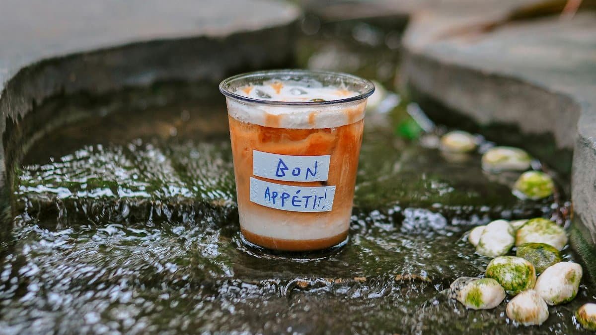 A refreshing iced coffee cup with 'Bon Appétit' label, placed in a serene stream setting.