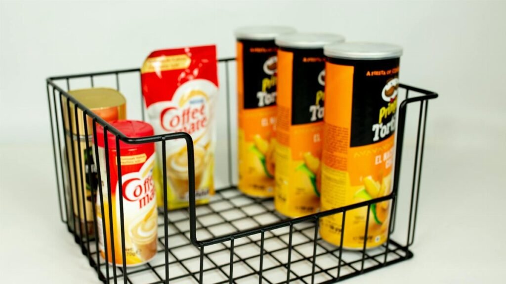 A collection of snack and coffee items in a wire basket on a white background, perfect for pantry organization.