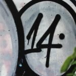 A detailed view of graffiti art featuring the number 14, with green leaves in the foreground.