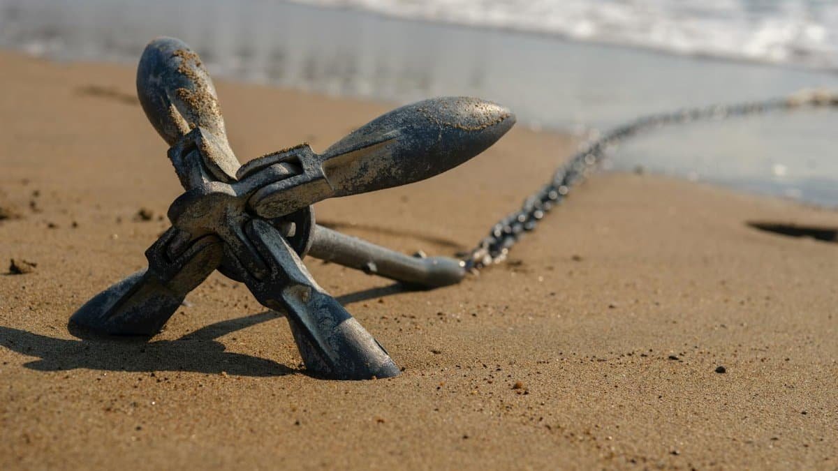 Close-up view of a metallic anchor resting on a sandy beach near the ocean shore.