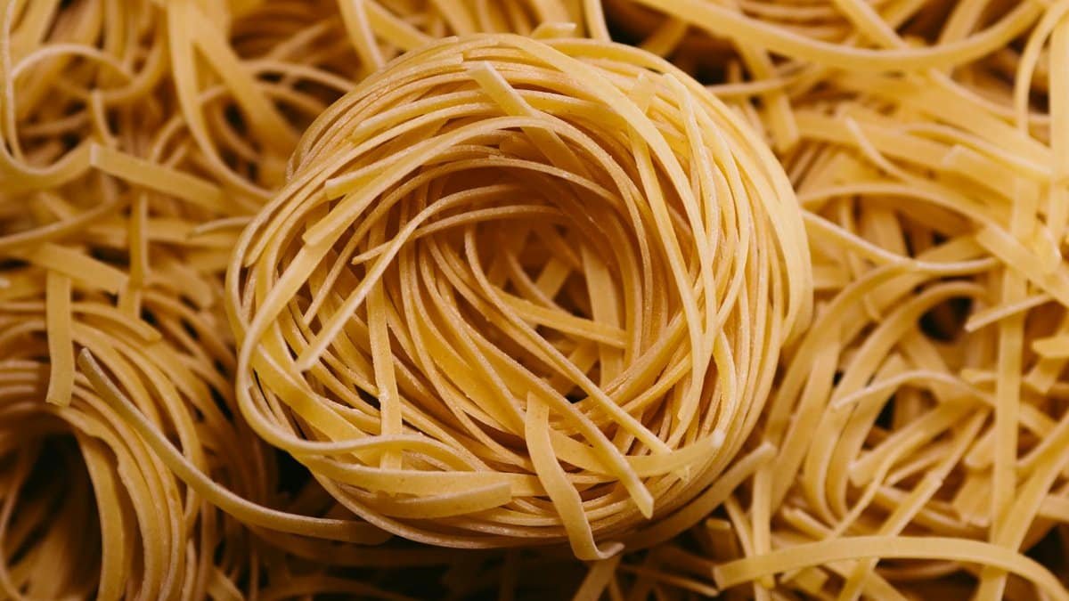 Detailed image of fettuccine pasta swirled in a nest form, perfect for food blogs.