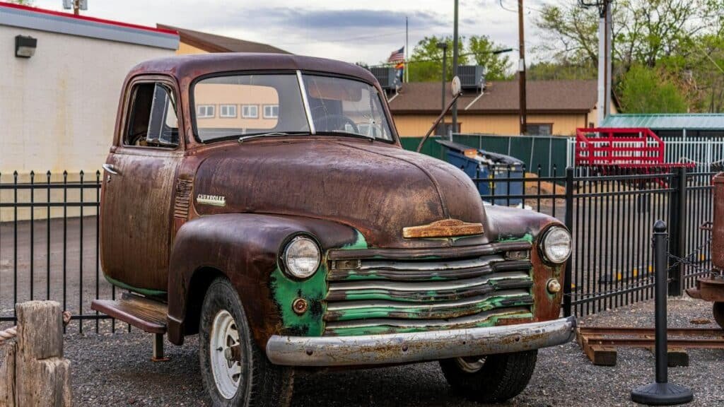 Rustic Chevrolet truck on display in Williams, Arizona, showcasing vintage automotive culture on Route 66.