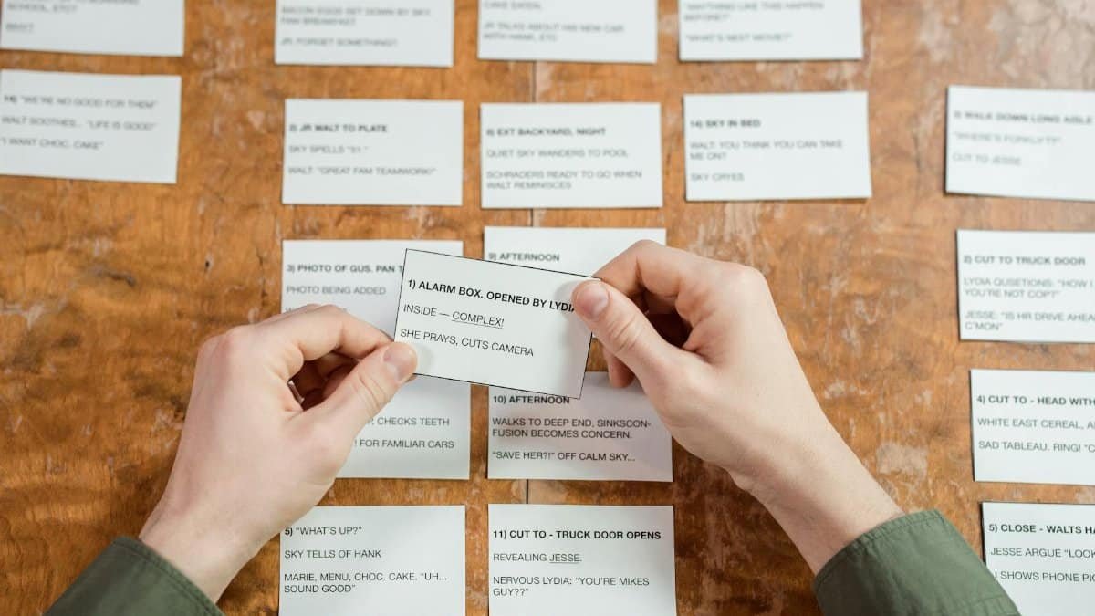 Hands organizing index cards on a desk, focusing on planning, creativity, and workflow strategy.