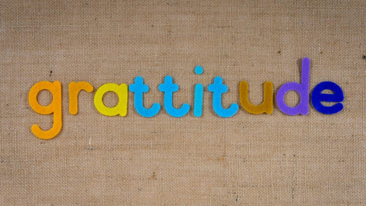 Vibrant colored letters spelling 'gratitude' on a textured burlap surface.