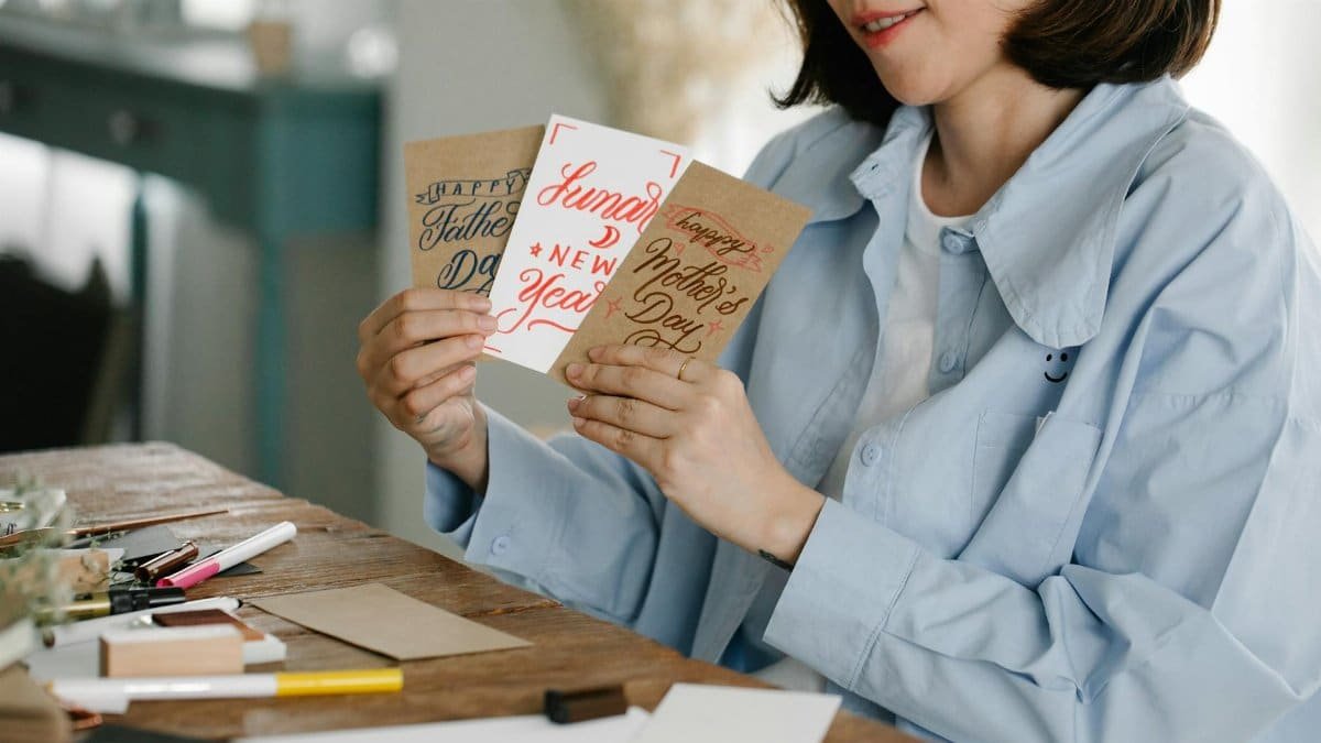 Woman holding greeting cards for holidays like Father's Day and New Year's.