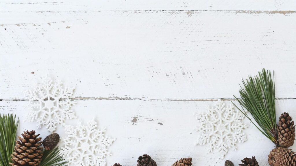 Simple holiday arrangement with snowflakes and pine cones on a white wooden background.