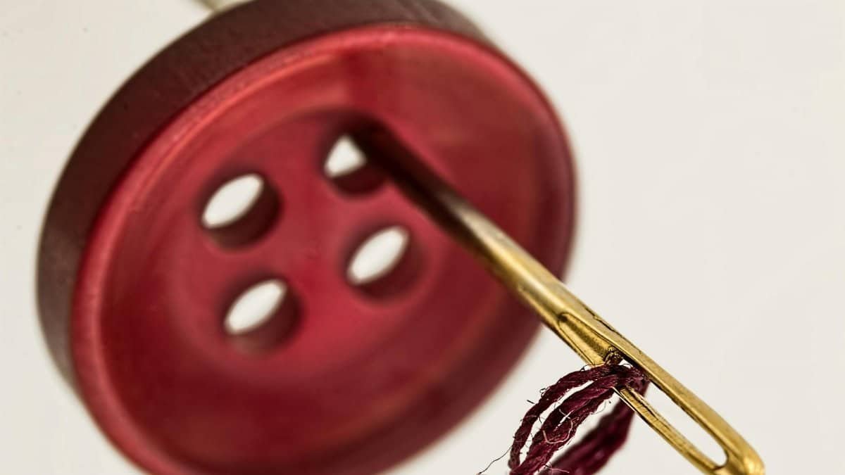 Macro photograph of a needle threading red thread through a brown button.