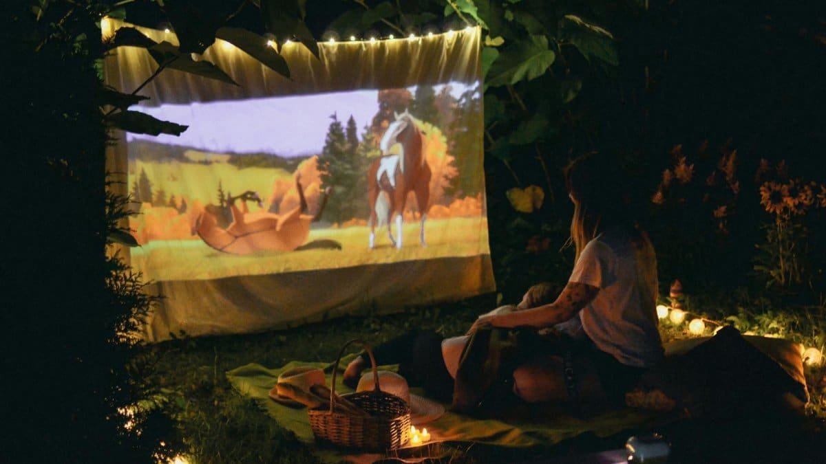 Enjoy a cozy outdoor movie night with a projector and picnic setup under the night sky.