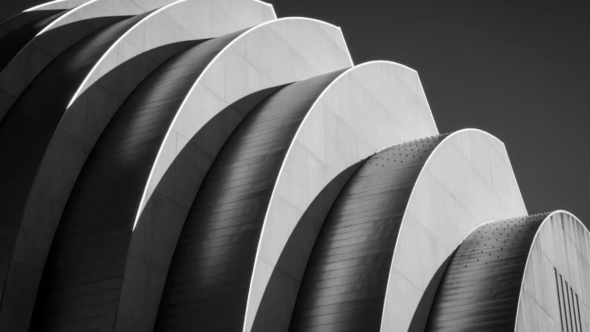 A striking monochrome view of the Kauffman Center's unique architecture in Kansas City.