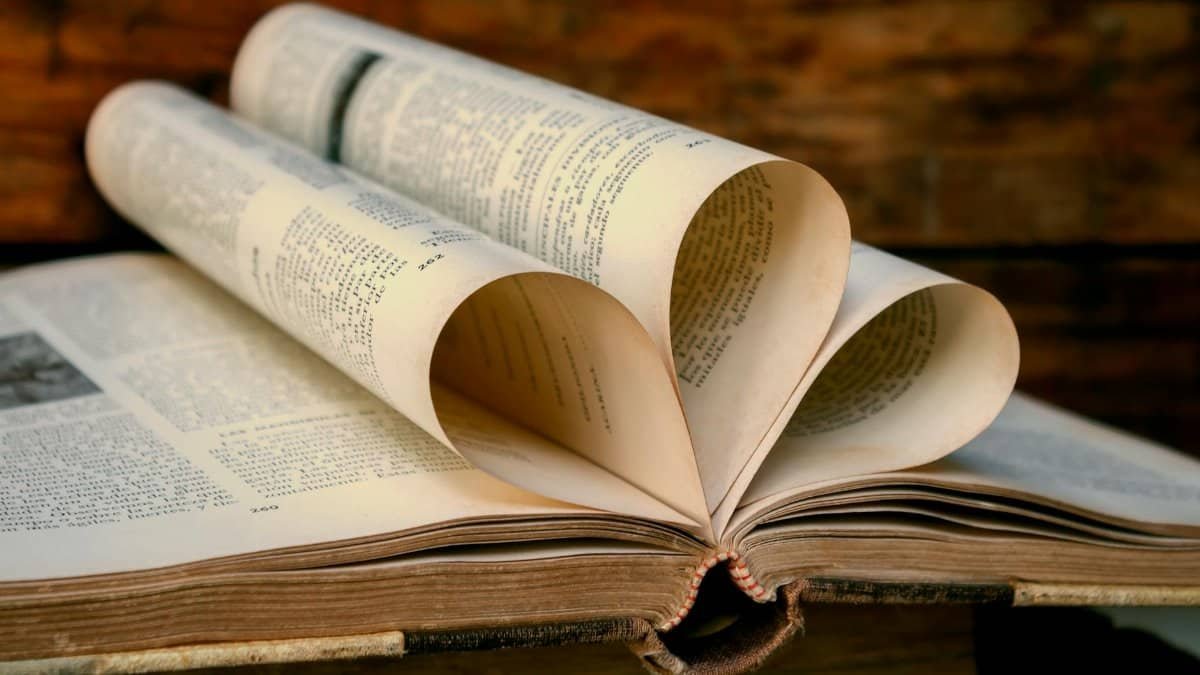 A vintage book with heart-shaped pages against a wooden background, symbolizing love for reading.