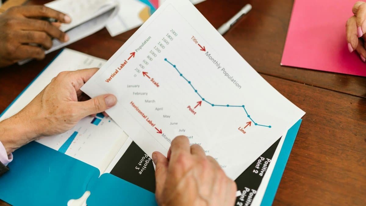 Hands examining a printed report with population and timeline chart during a business meeting.