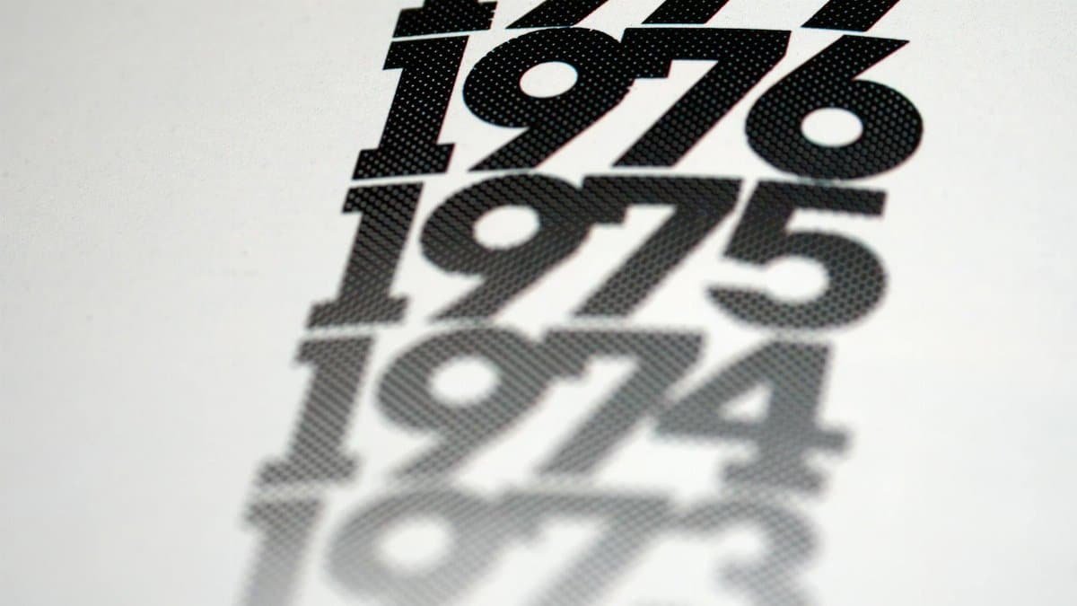Close-up of vintage year numbers 1973-1977 on a textured surface, showcasing design style.