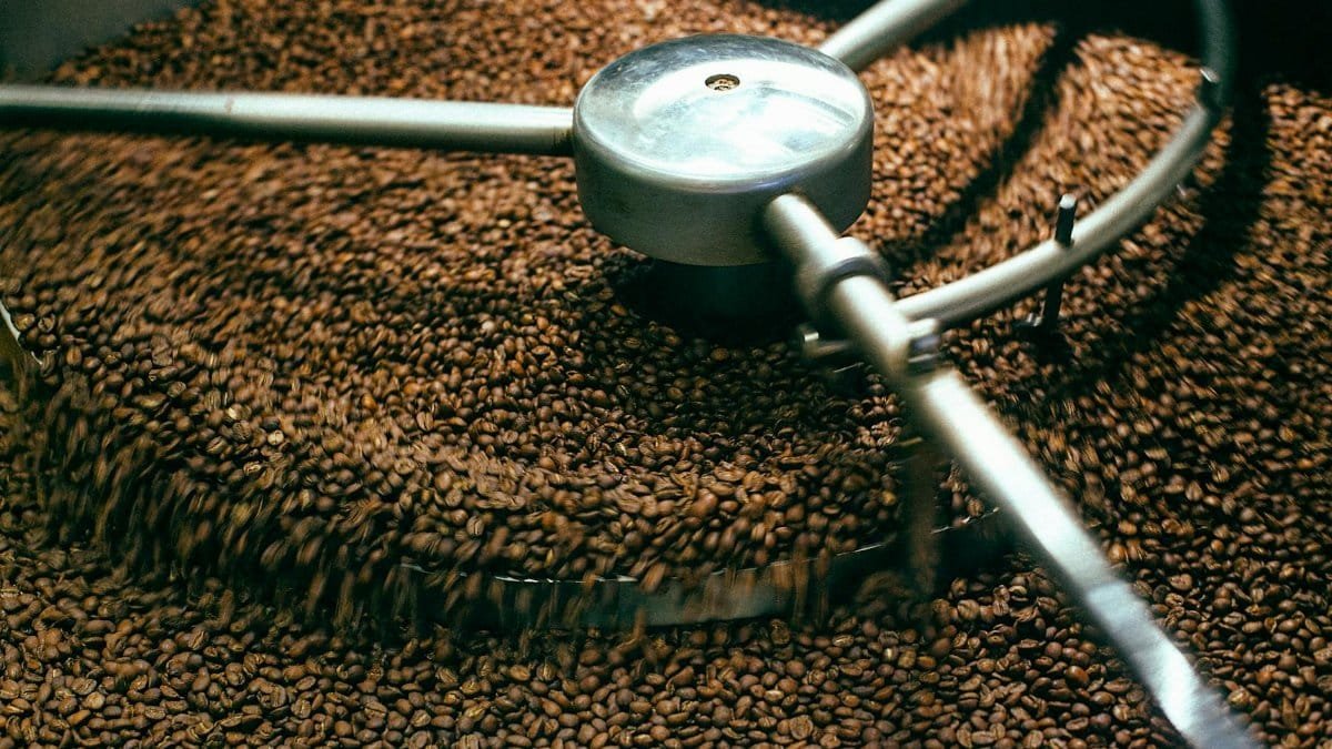 From above of fresh aromatic brown coffee beans mixing in professional roasting machine