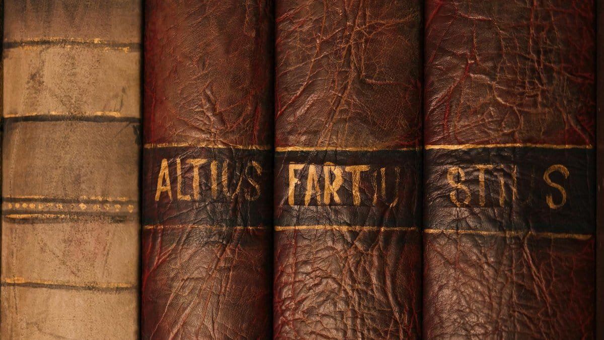 Detailed close-up of antique leather book bindings with ornate texture and golden text.