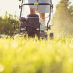 Close-up of a person mowing the lawn with a gas lawn mower on a sunny summer day.