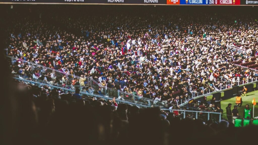 A vibrant crowd fills a football stadium during a lively match.