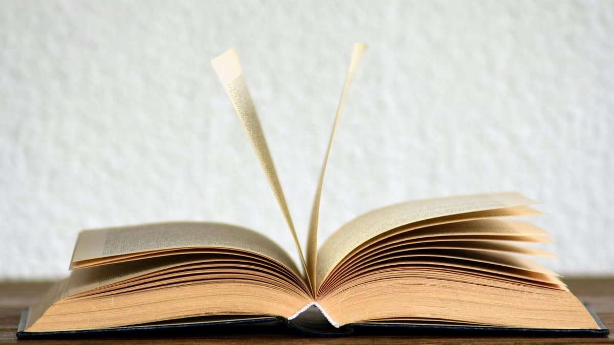Close-up image of an open book with pages turning, creating a dynamic visual.