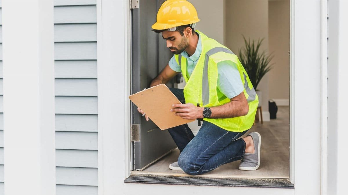 A home inspector wearing safety gear examines a house interior for safety compliance.
