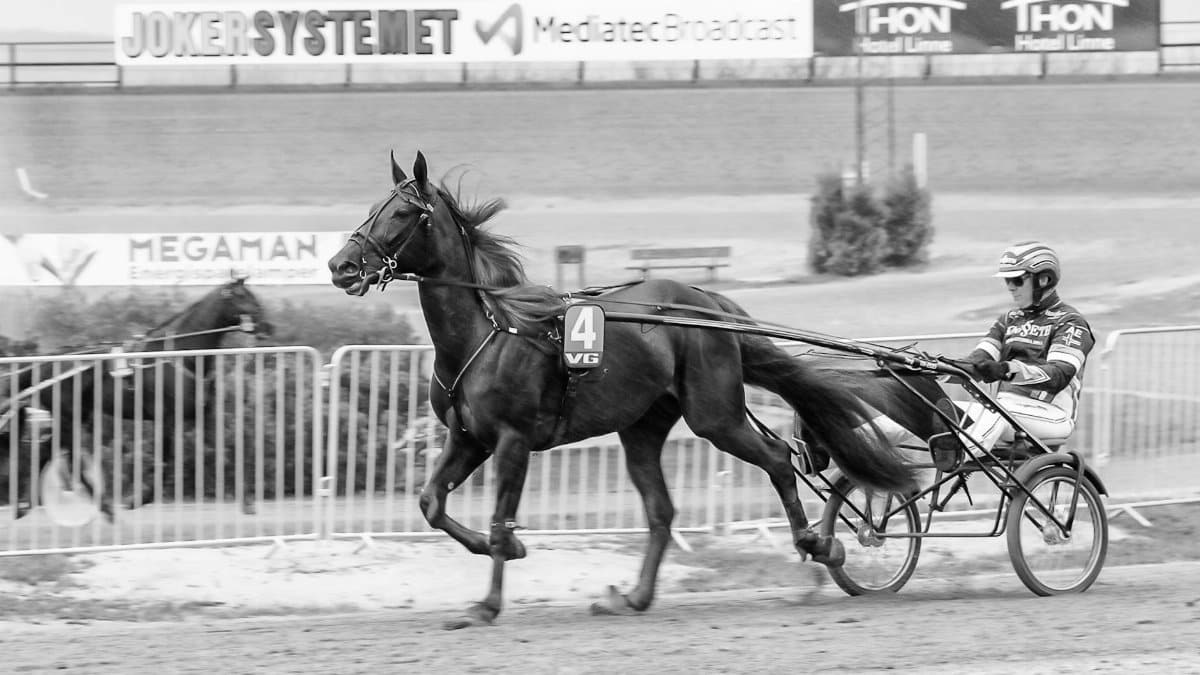 Exciting moment in trotting race with horse and jockey in harness, black and white.