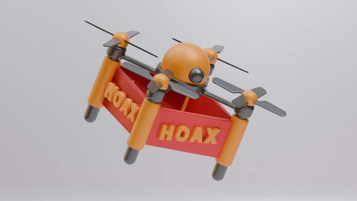 3D rendered drone carrying a 'hoax' banner, symbolizing misinformation. Clean, minimalist design.