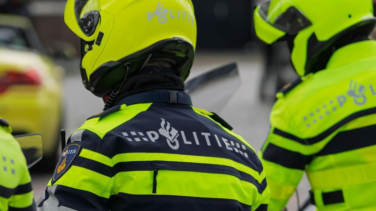 Dutch police officers in reflective uniforms seen from behind, perfect for law enforcement themes.
