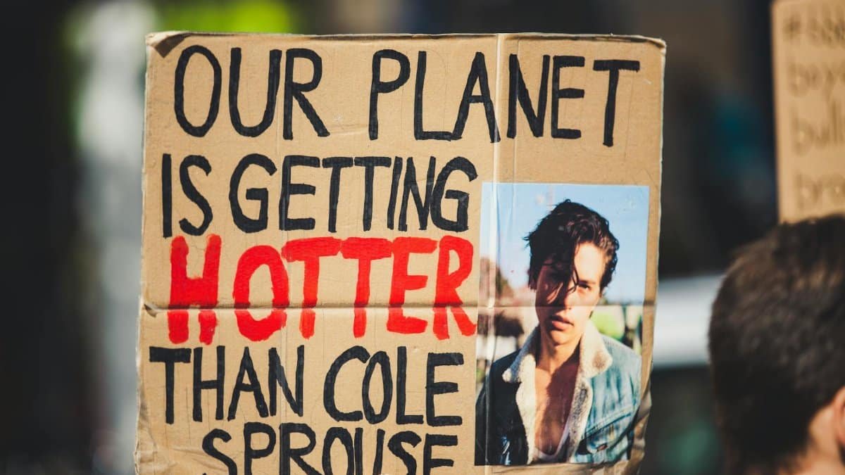 A climate change protest sign comparing temperatures humorously.