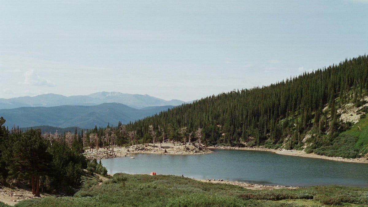 Tranquil mountain lake surrounded by evergreen trees in Idaho Springs, Colorado.