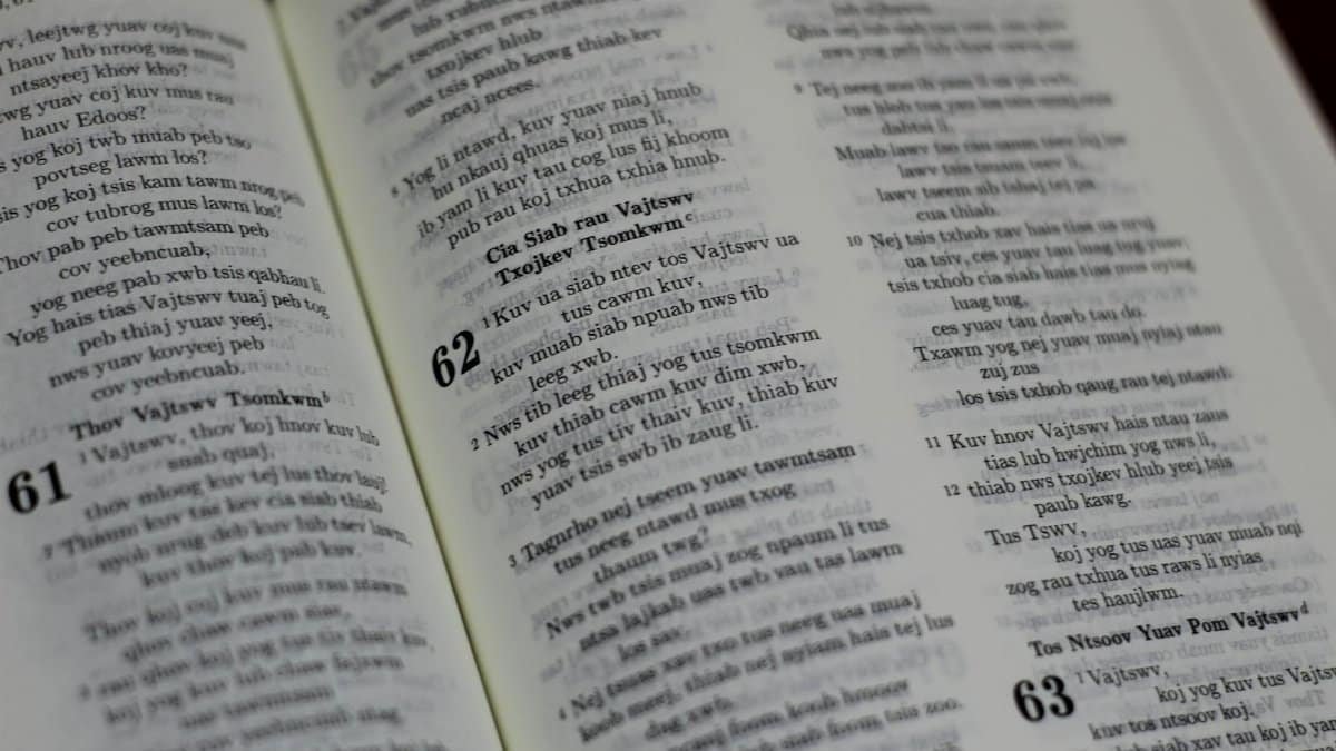 Close-up photo of an open book displaying scriptures in a unique language.