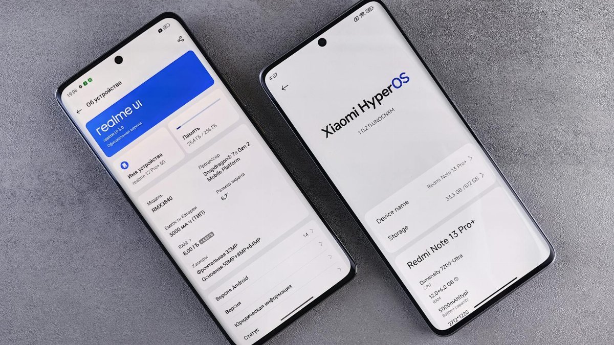 Comparison of two smartphones showing Realme UI and Xiaomi HyperOS interfaces on their screens.