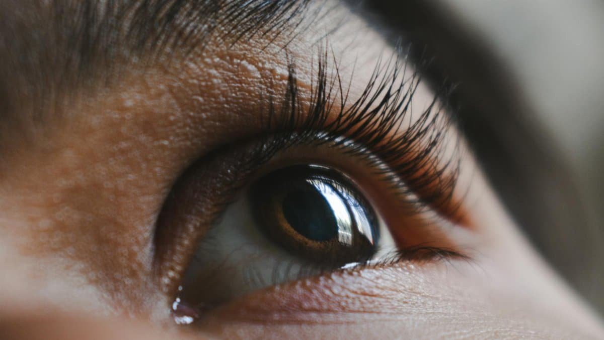 Macro shot of a human eye showcasing long eyelashes, iris detail, and reflection.