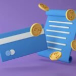 3D rendered illustration of a credit card, coins, and contract on a purple background.