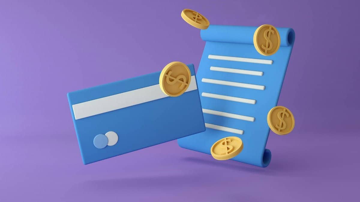 3D rendered illustration of a credit card, coins, and contract on a purple background.