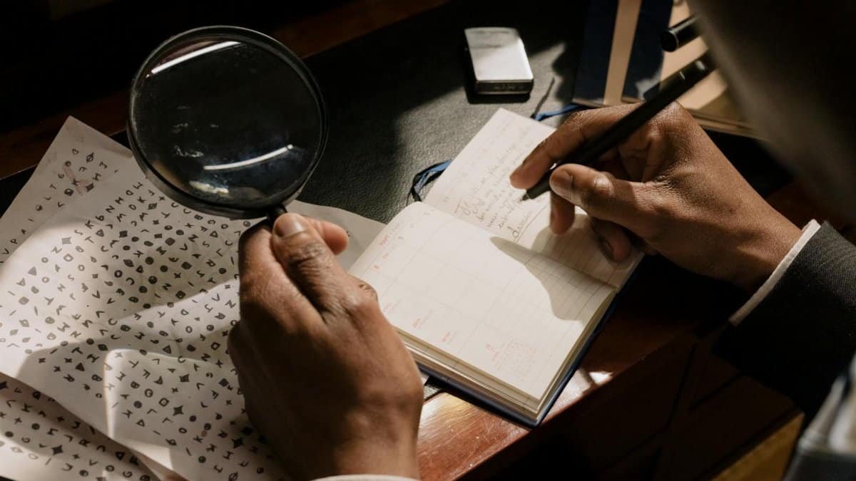 A detective decoding cipher documents with a magnifying glass, notebook in hand.