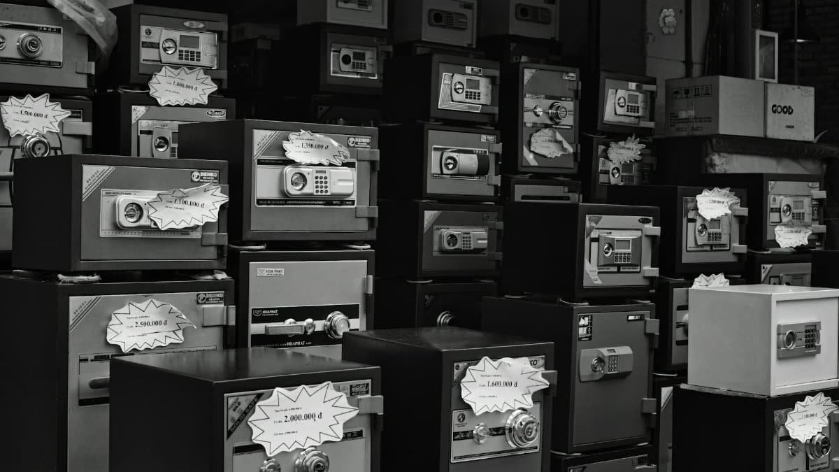 Monochrome photo of stacked safes with price tags in a store setting.