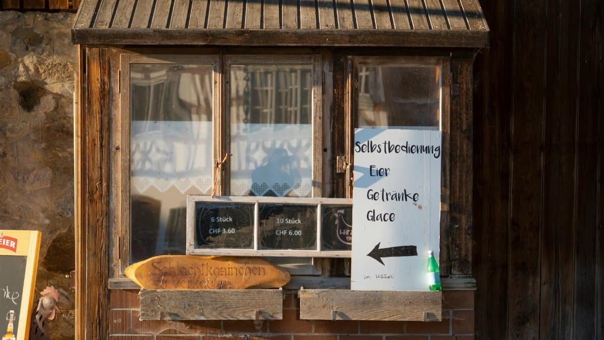 Cozy wooden self-service shop selling eggs and drinks, basking in afternoon sun.