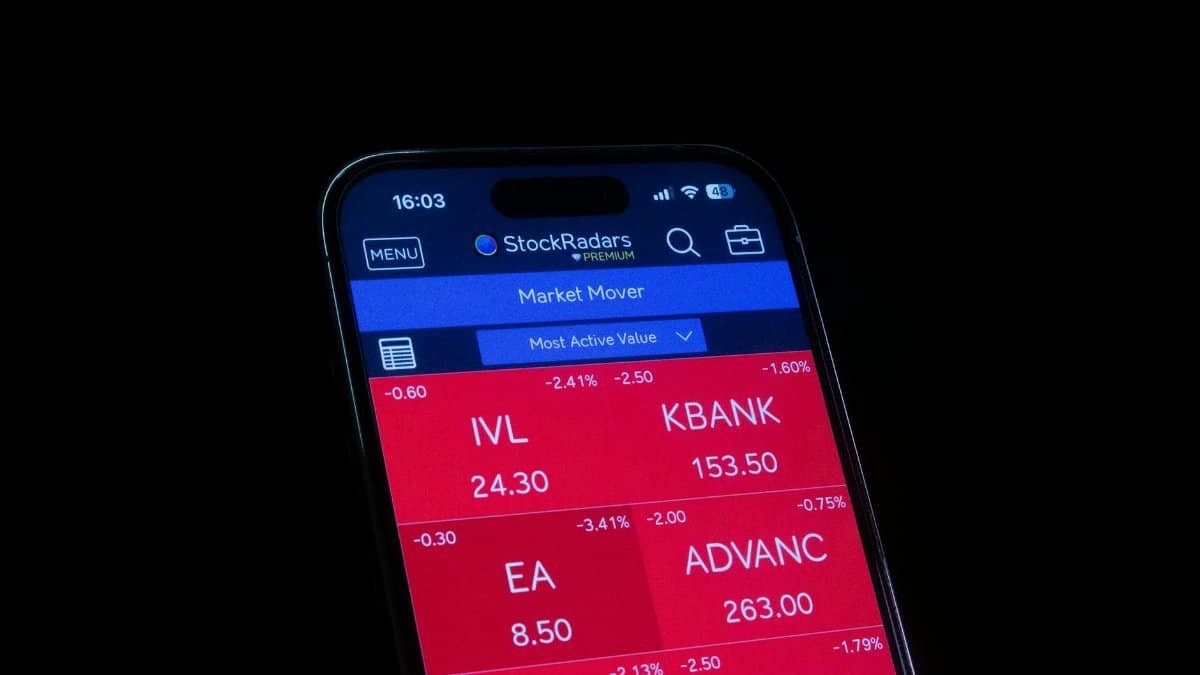 Close-up of a smartphone displaying a stock market app showing red losses.