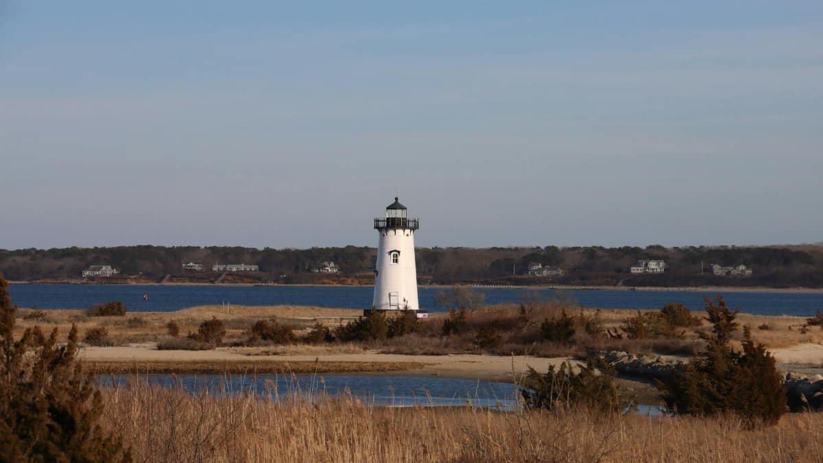 Scenic view of Edgartown Lighthouse on a peaceful autumn day by the shores of Martha's Vineyard.