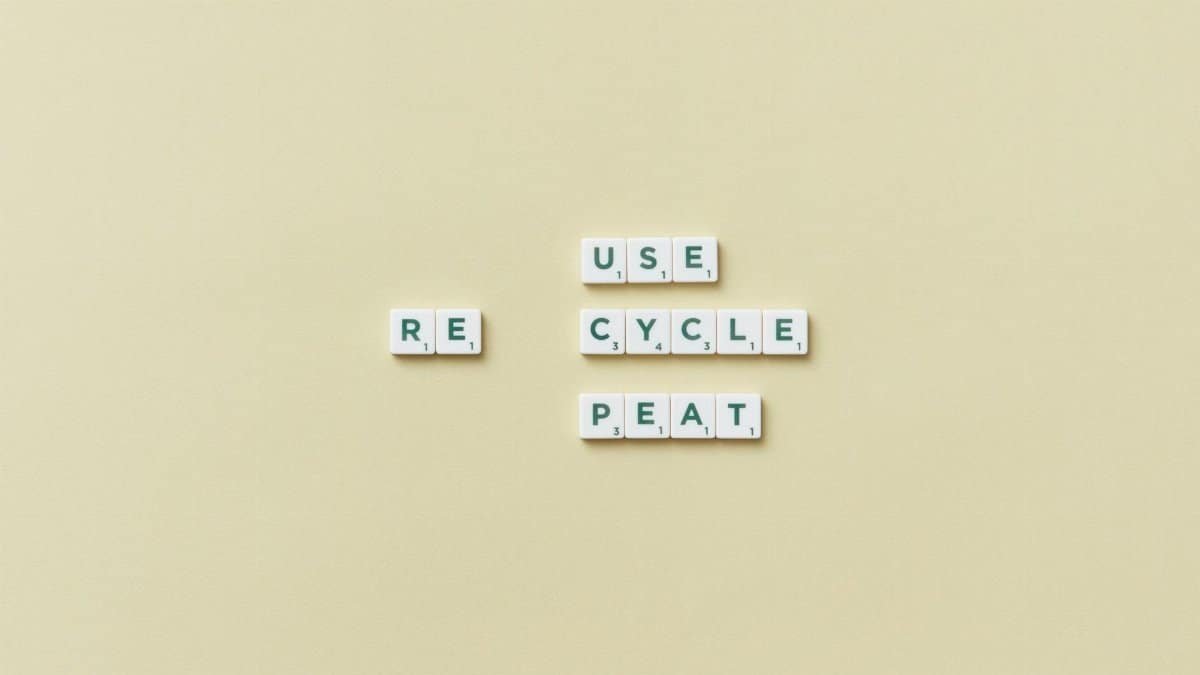 Letter tiles spelling 'reuse recycle repeat' on a simple background, promoting sustainability.