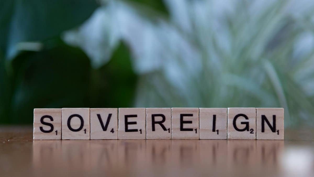 Close-up of wooden Scrabble tiles spelling 'sovereign' on a table with blurred green background.