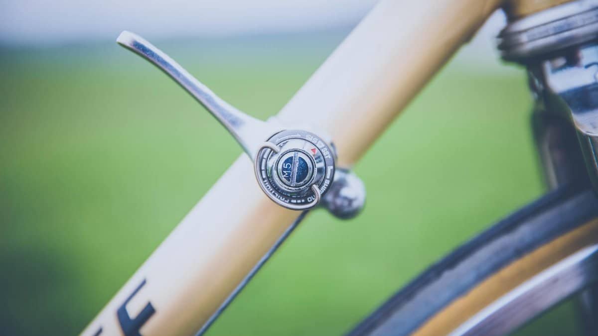 Detailed shot of a vintage bicycle gear shifter with a blurred green background.