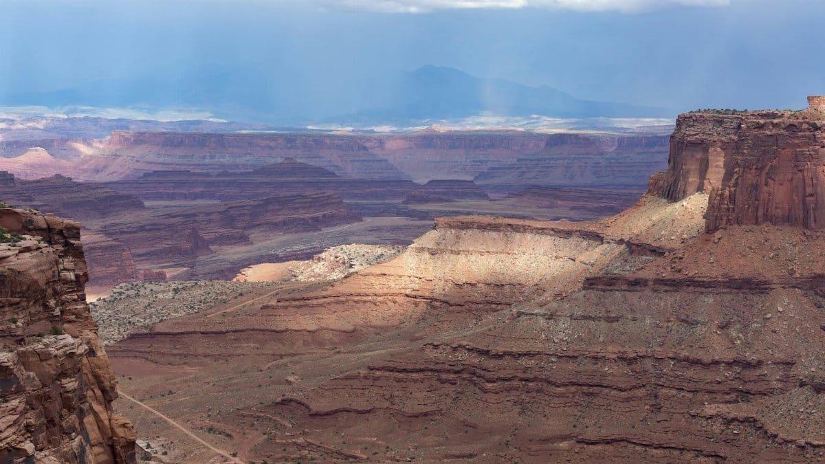 Expansive view of the dramatic landscapes in Canyonlands National Park, showcasing stunning rock formations.